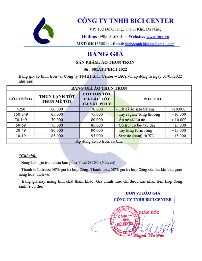 Bảng giá áo thun trơn tại Đồng Phục BiCi