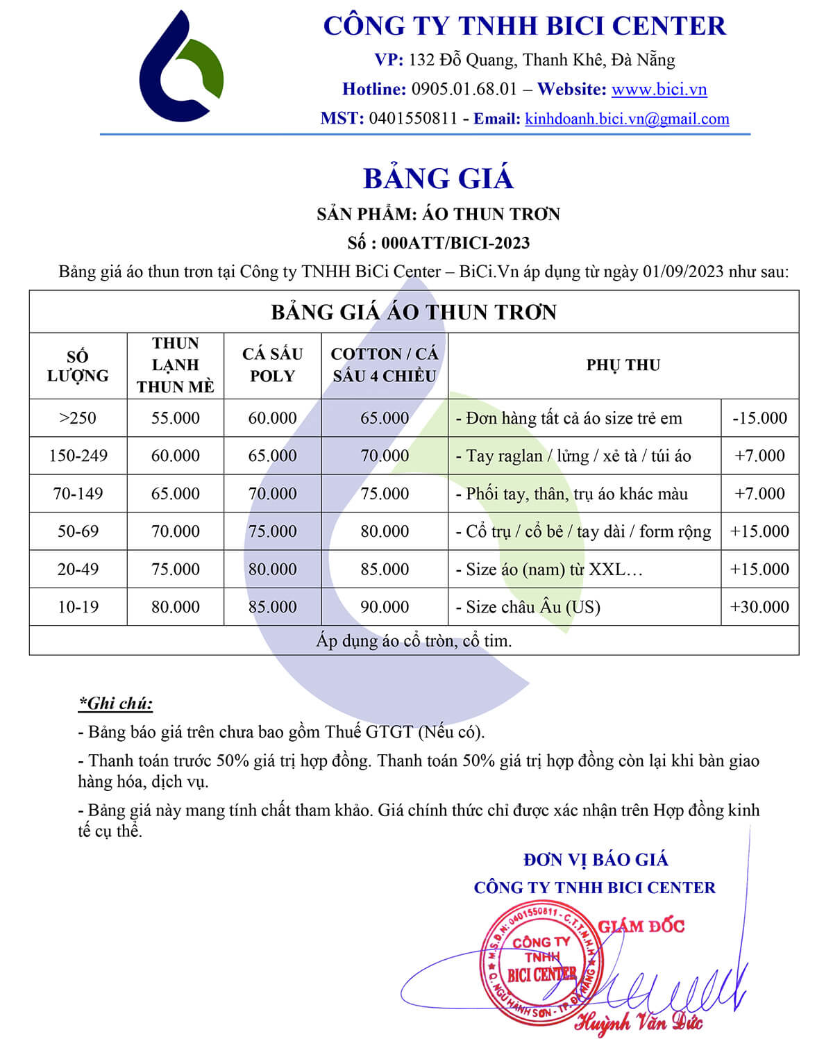 Bảng giá áo thun trơn tại Đồng Phục BiCi