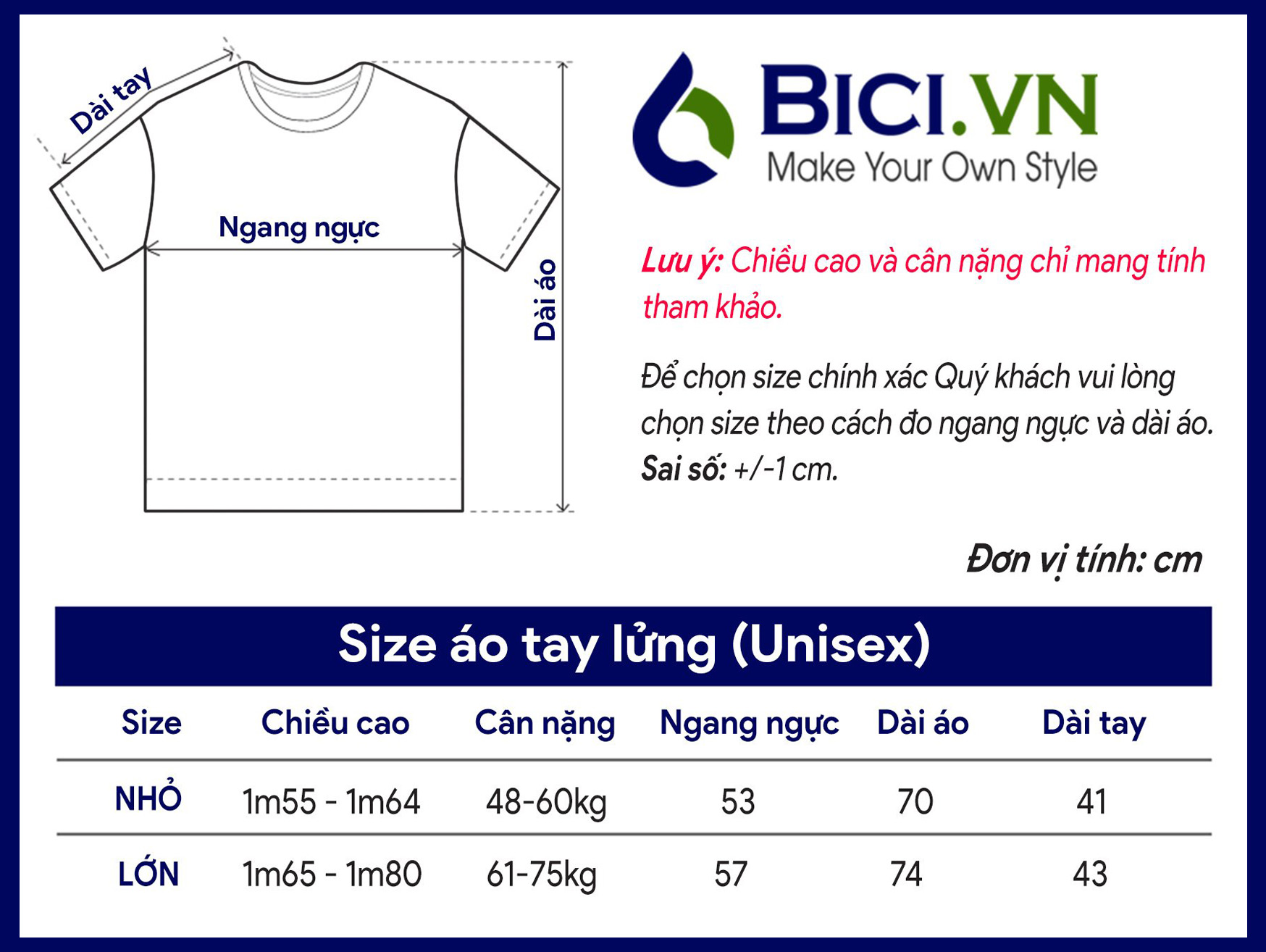 Bảng size áo đồng phục form rộng