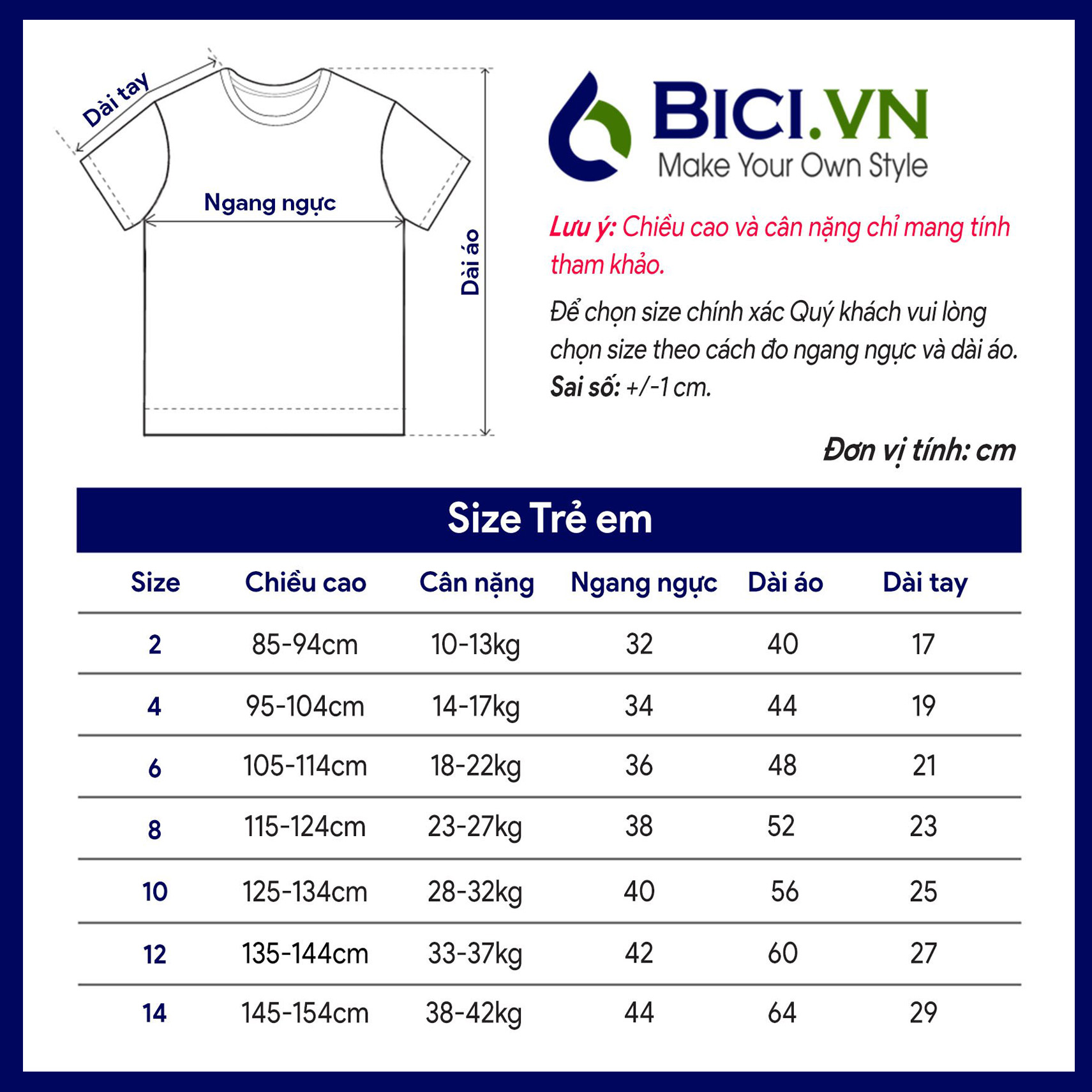 bảng size áo đồng phục trẻ em