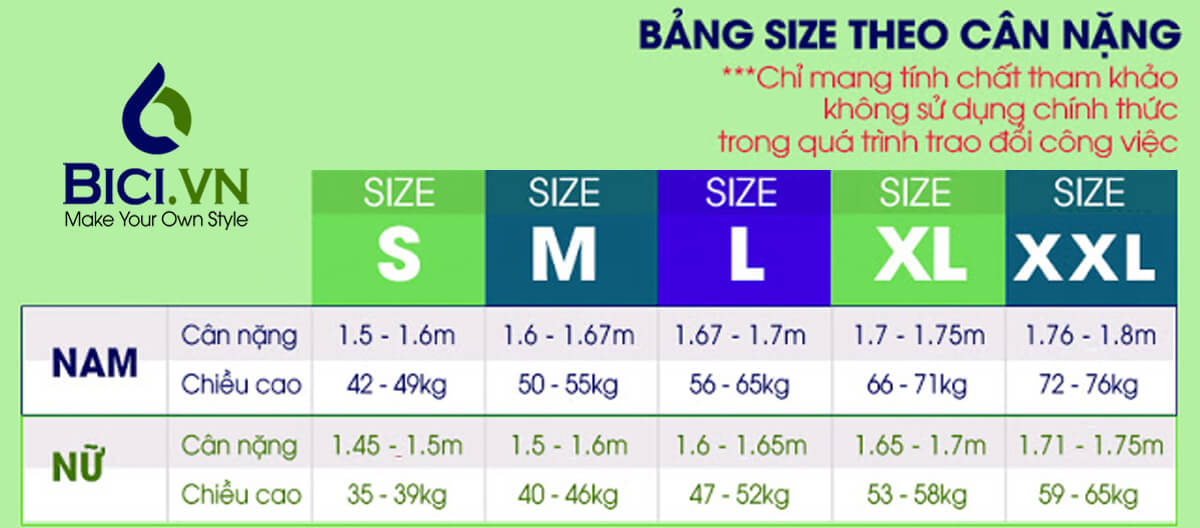 bảng size áo thun theo cân nặng chiều cao